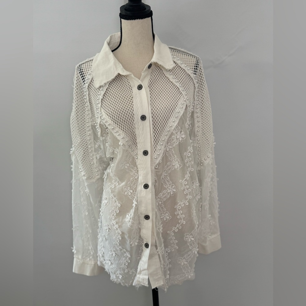 POL Women’s‎ Size Small Balloon Sleeve Fabric Patch Textured Shirt Top Pearls - Picture 2 of 11